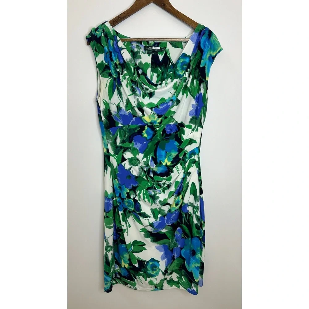Lauren Ralph Lauren Blue Green Floral Cowl Neck Ruched Sheath Dress Size 12 - Picture 12 of 12